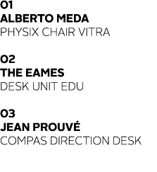 01 Alberto Meda physix chair vitra 02 THE EAMES Desk Unit EDU  03 Jean Prouv  Compas Direction Desk 