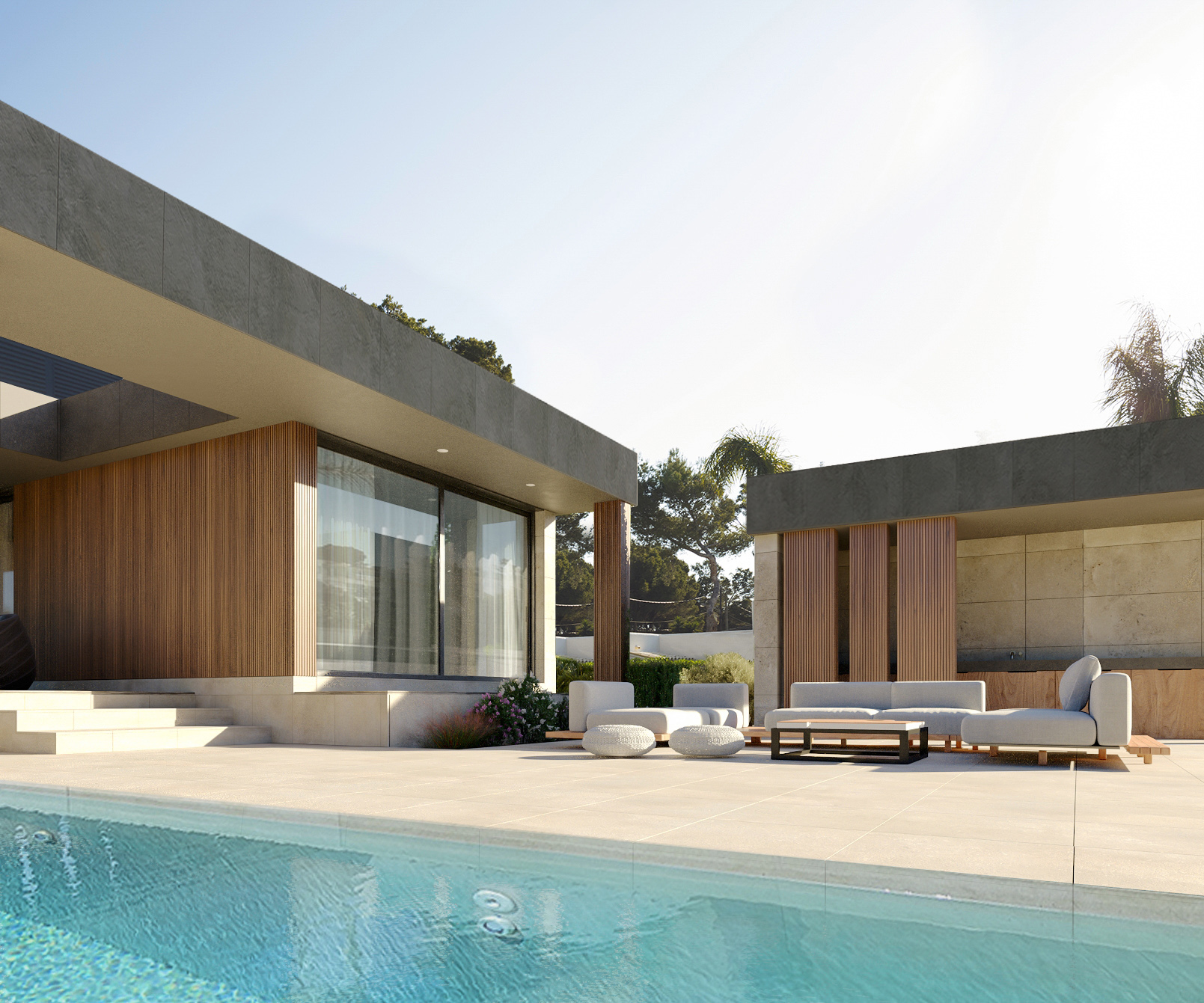 Chill-out exterior con piscina en casa modular a medida en San Cugat Barcelona