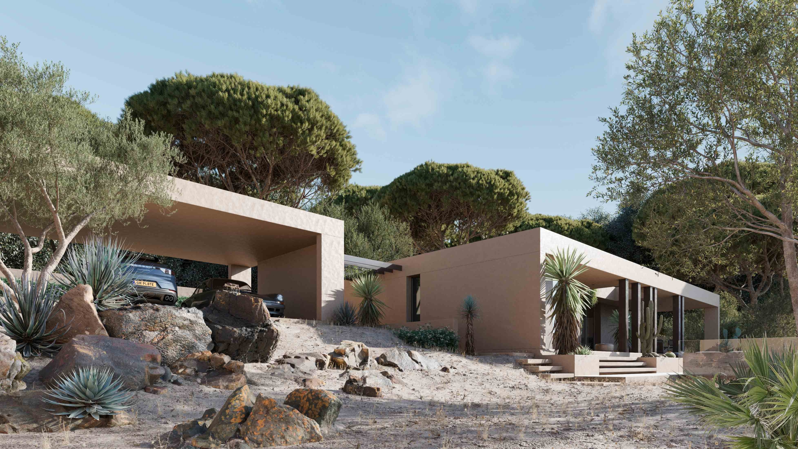 Infografía 3D casa modular de lujo mediterránea vista exterior entrada