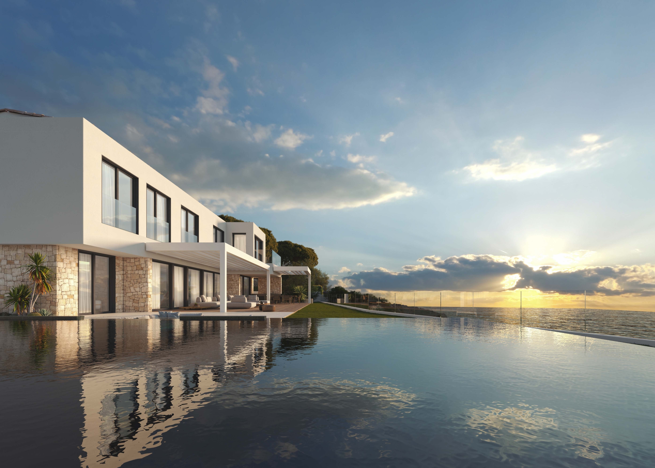 Jornada de puertas abiertas inscripción: Infografía 3d casa modular de lujo vista hacia el mar con piscina infinity