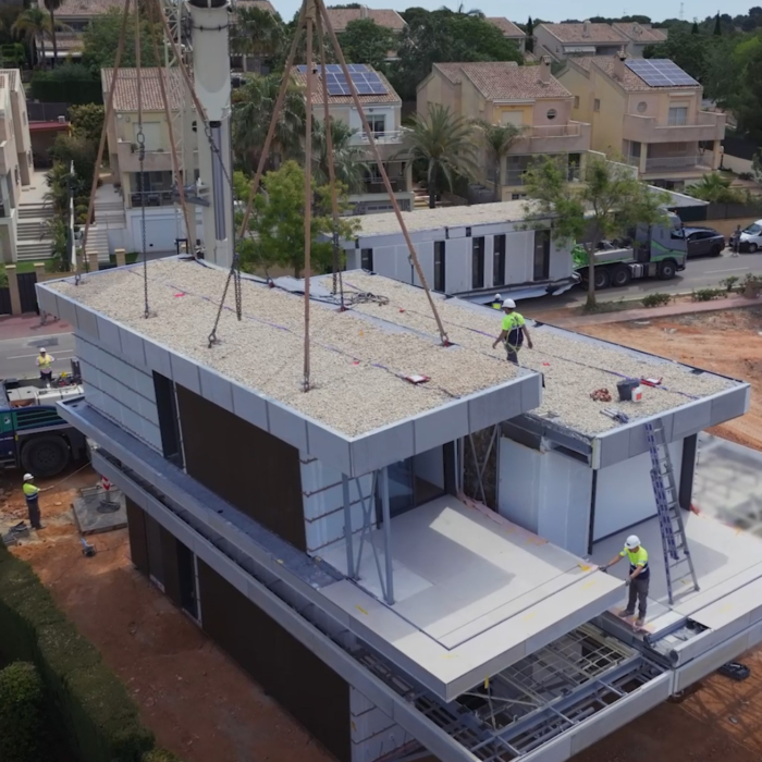 Vista dron aérea casa de lujo en Bétera, Valencia, implantación realizándose