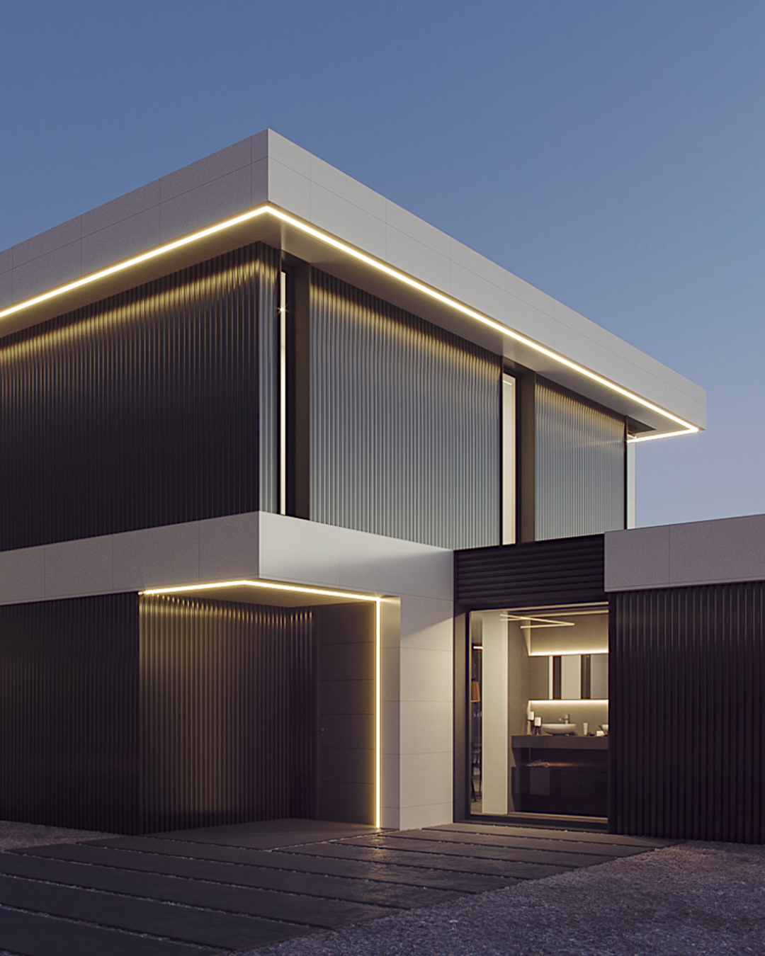 Vista lateral fachada moderna con luces led en voladizo de una casa modular de lujo