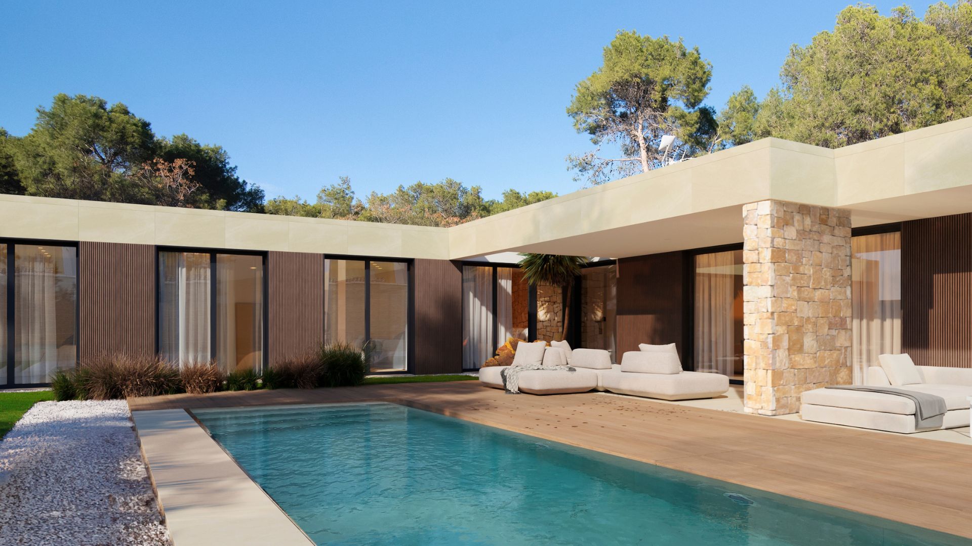 Fachada y piscina con sillones y árbol de casa prefabricada con piedra natural y madera