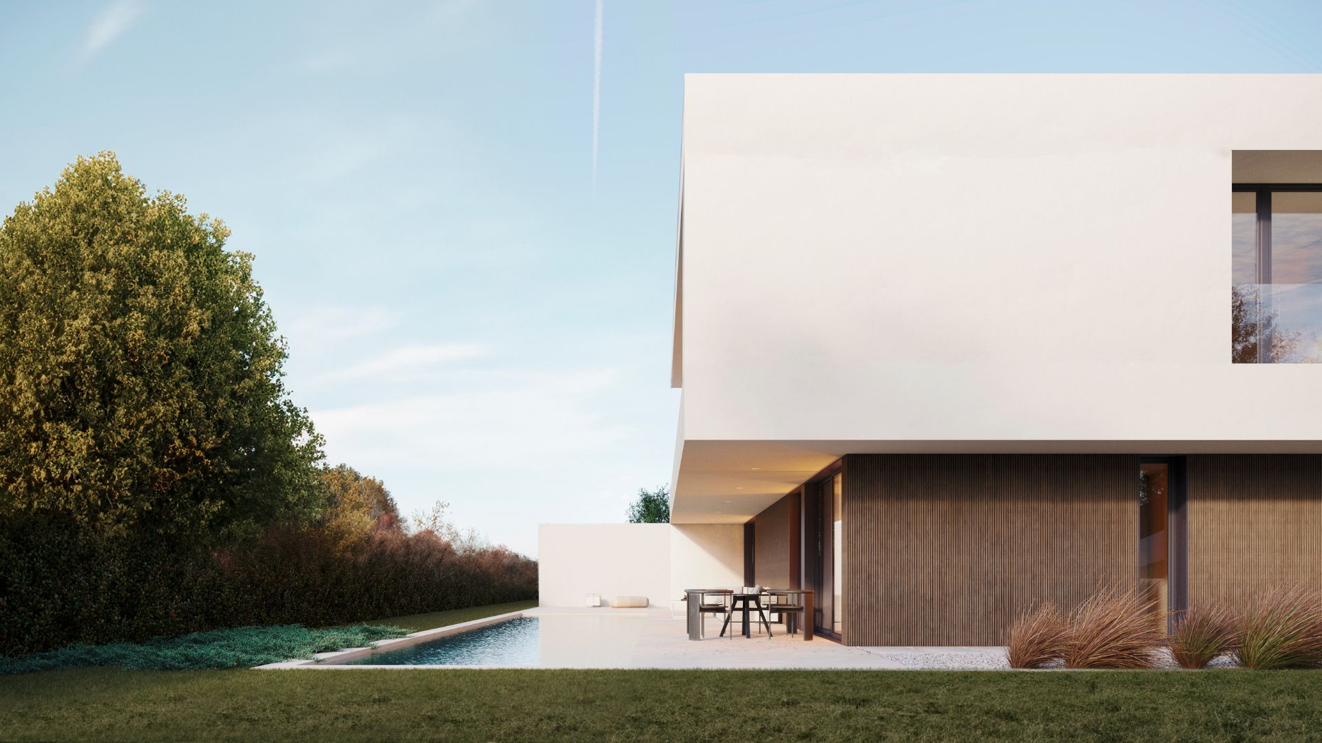 Porche exterior con piscina en casa modular