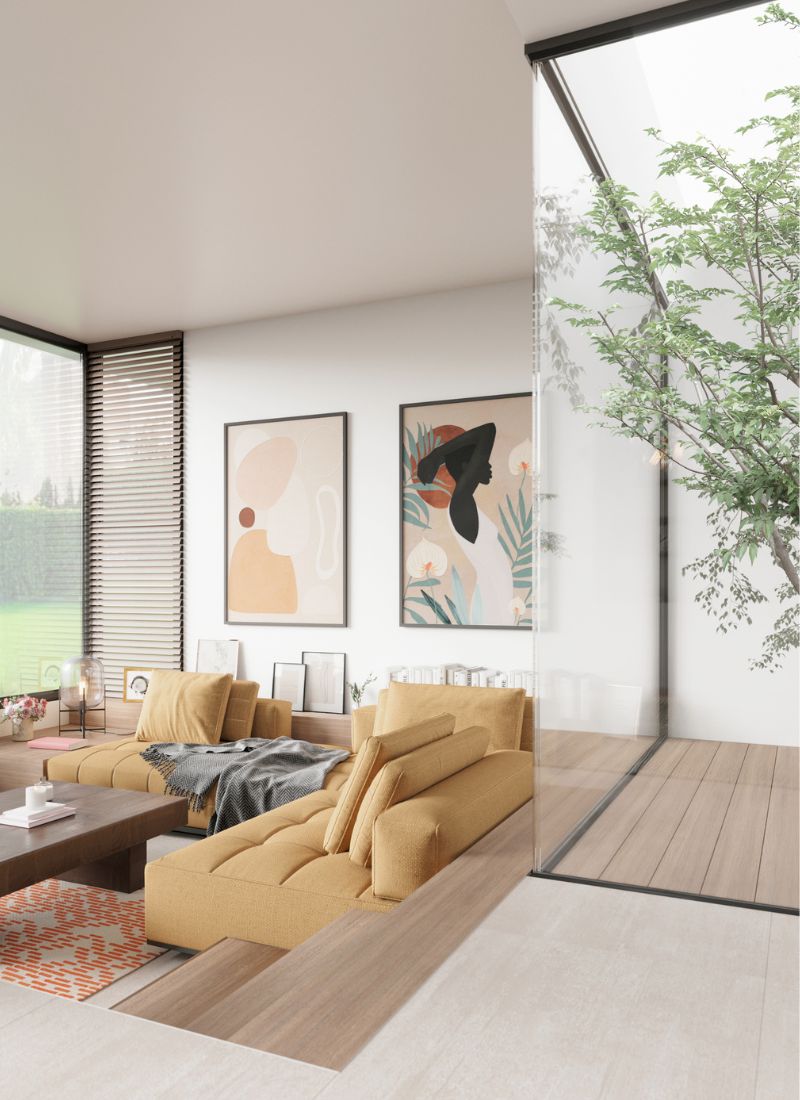 Render de vivienda con un patio interior en el salón