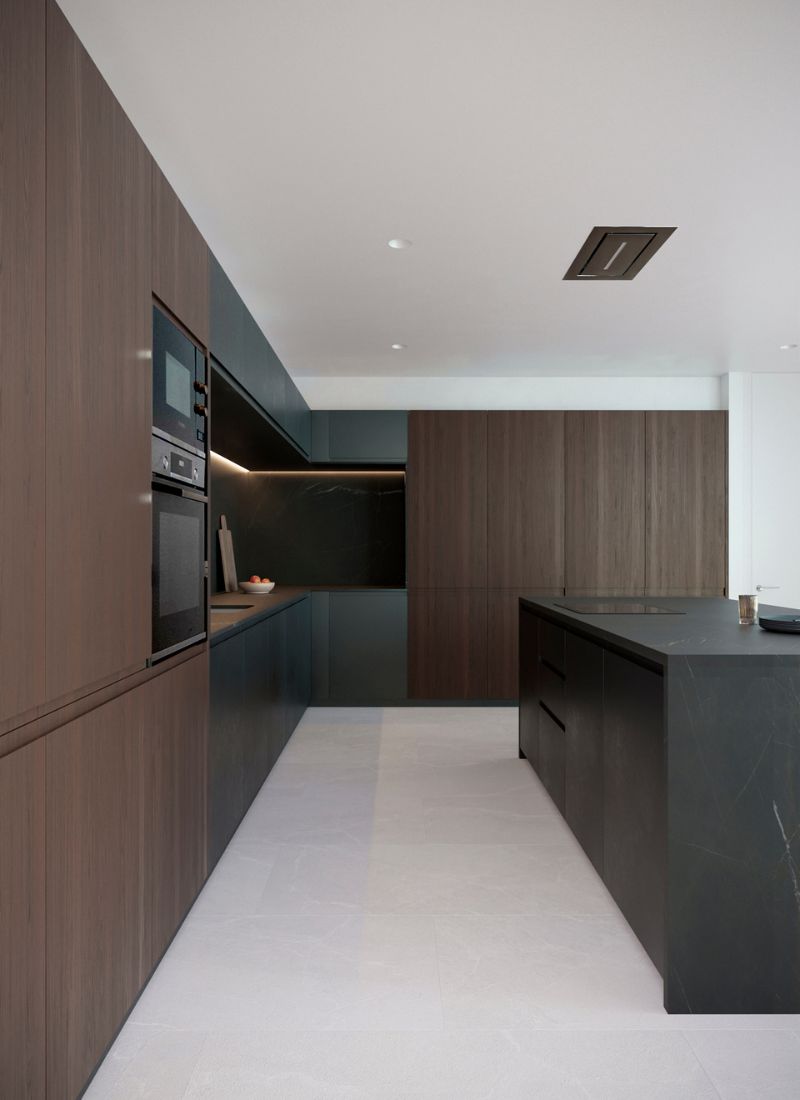 Cocina madera y materiales negros casa modular en Boadilla del Monte