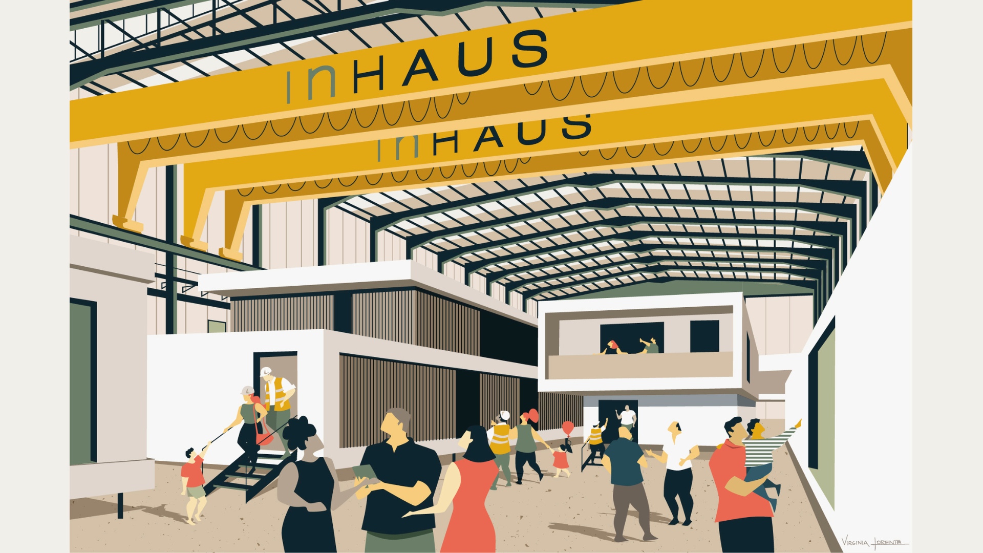 Ilustración fábrica de viviendas modulares llena - historia Casas inHAUS empresa de construcción modular año 2022
