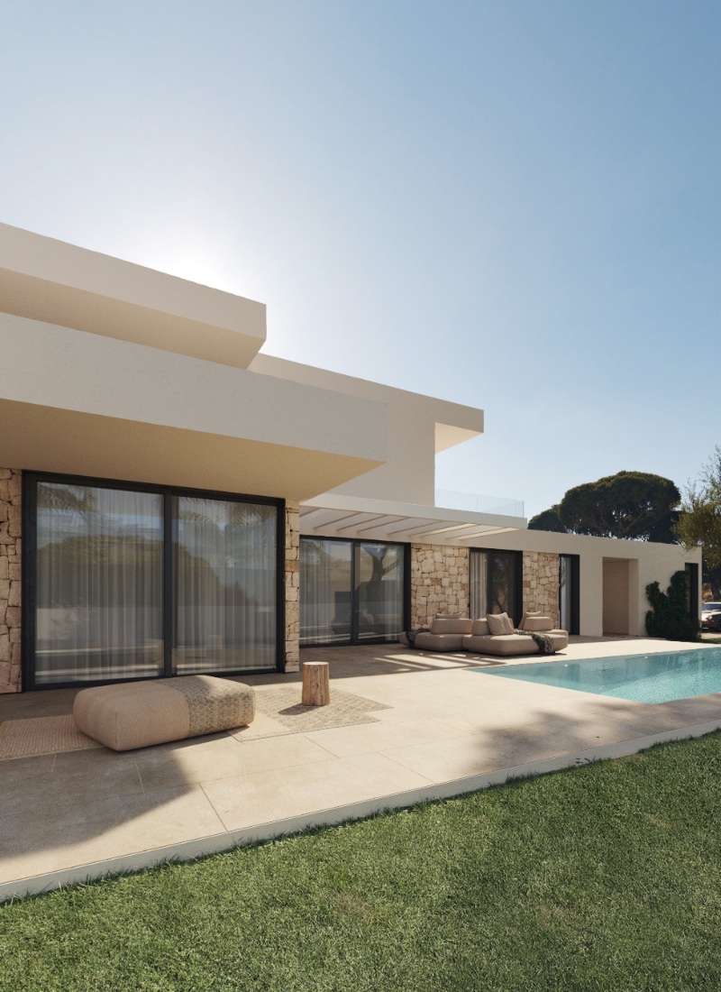 Render casa prefabricada con piedra natural en fachada para promoción en Ibiza