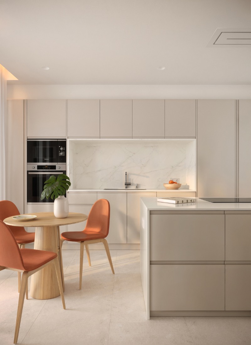 Casa industrializada en Barcelona con cocina en tonos neutros e interiorismo