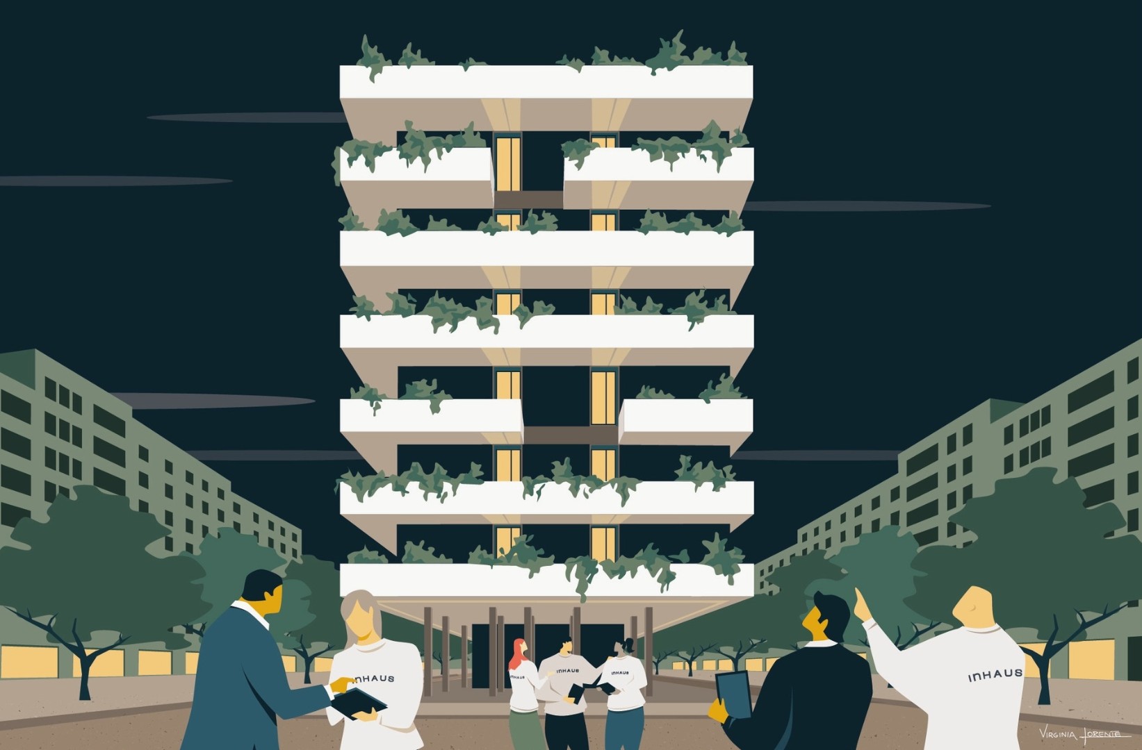 Ilustración de un edificio en altura realizado con construcción modular por Casas inHAUS