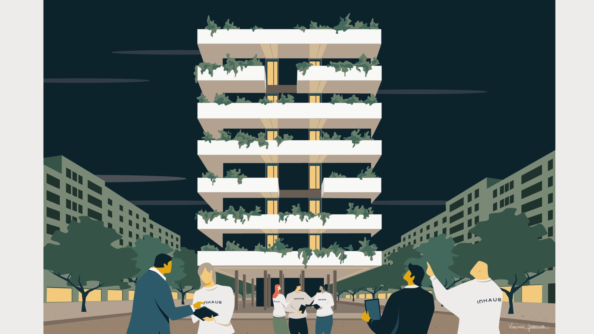 Ilustración de un edificio en altura realizado con construcción modular