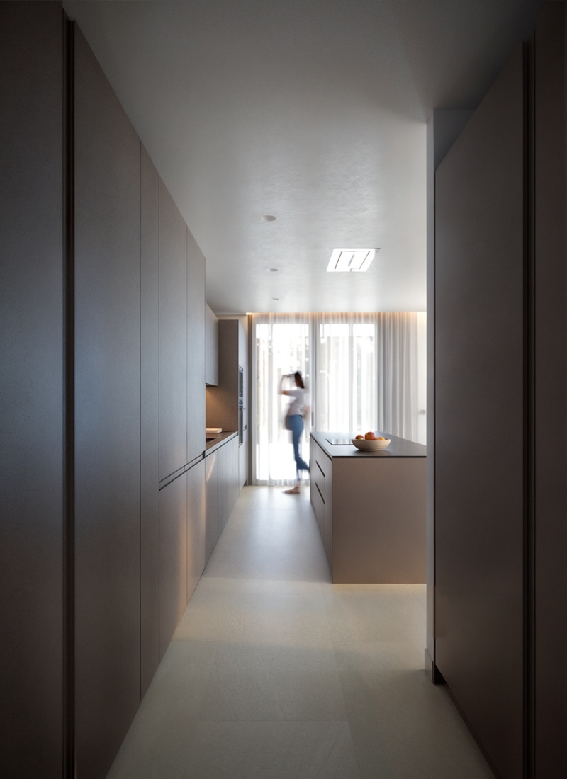 Acceso a la cocina con armarios de suelo a techo