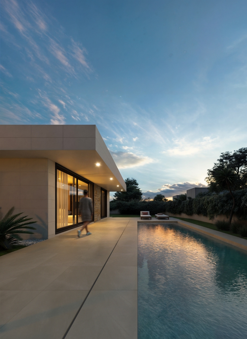 Iluminación nocturna en esta casa modular con voladizo en Torre en Conill