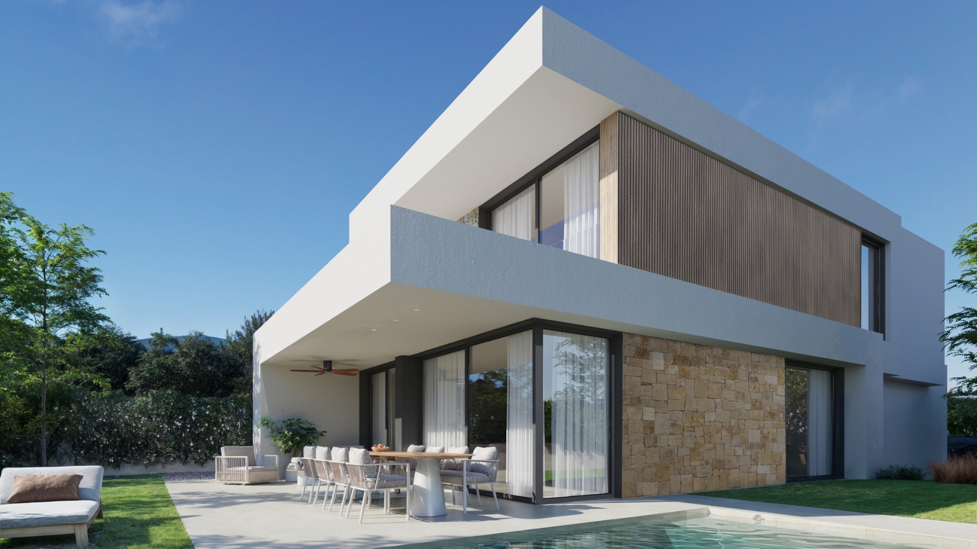 Casa modular con fachada de estilo mediterráneo