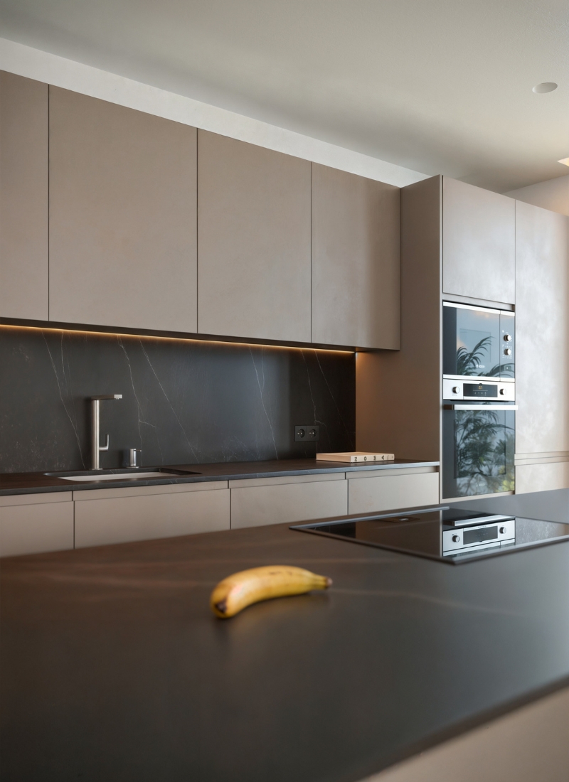 Cocina con isla en porcelánico gris y armarios de suelo a techo