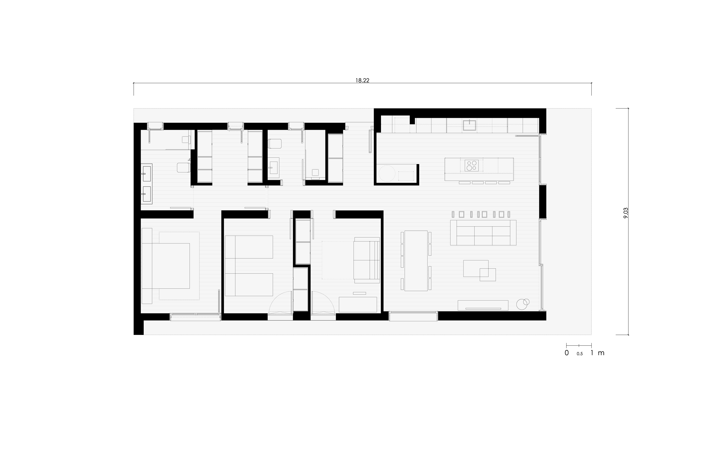 Planimetría y distribución de la planta baja de la casa modular en Torre en Conill