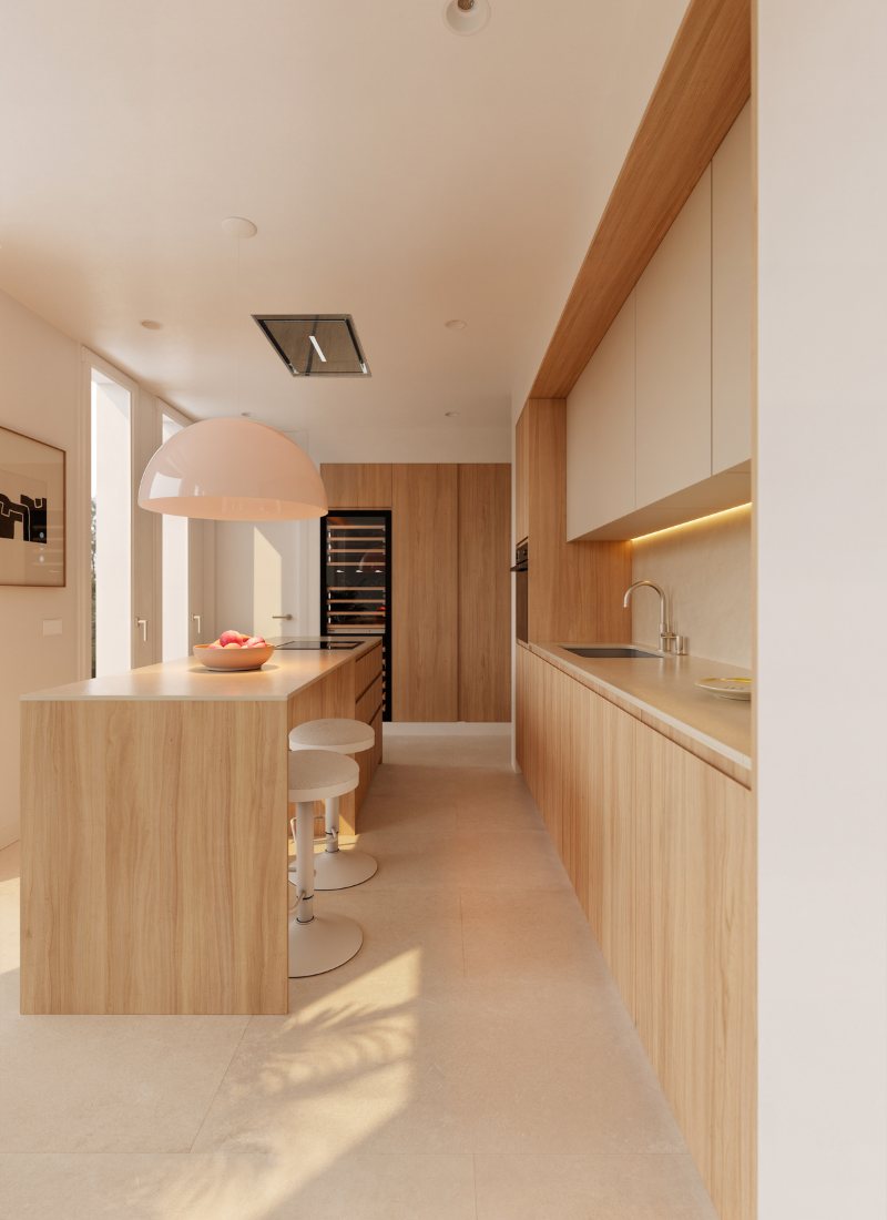 Cocina con isla tonalidades tierra madera Mallorca