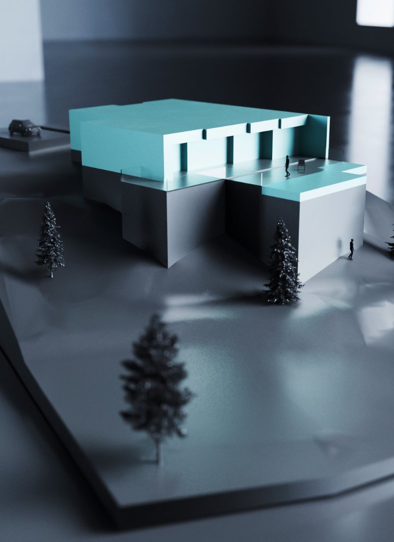 Maqueta verde casa modular pendiente con vistas