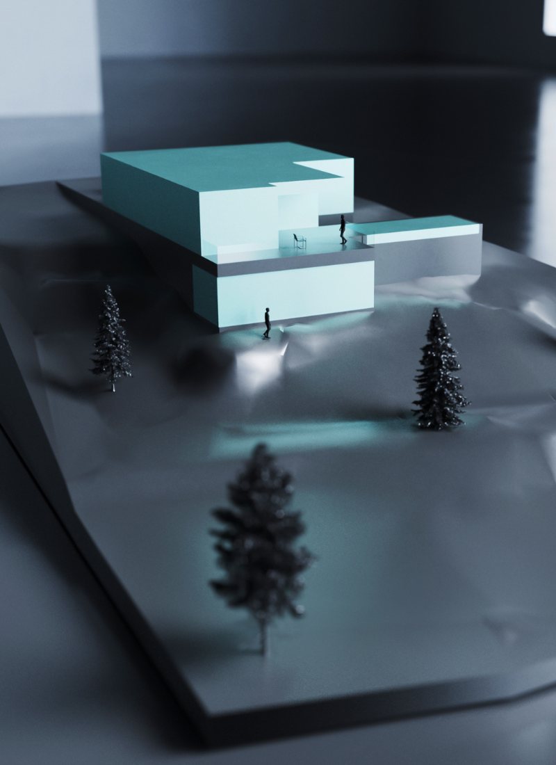 Maqueta verde casa modular terreno en pendiente