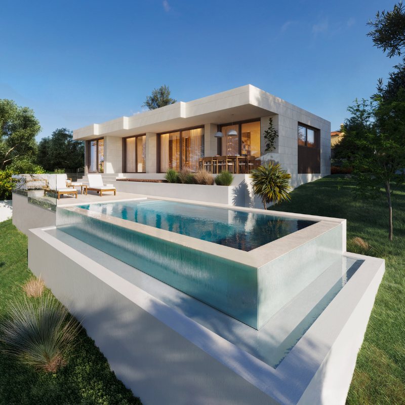 Render casa modular con piscina desbordante
