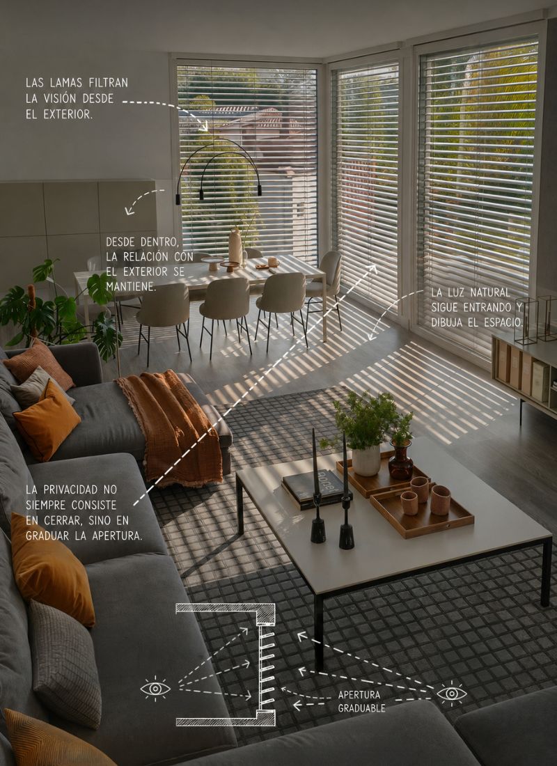 Lamas y celosías aportan intimidad interior vivienda