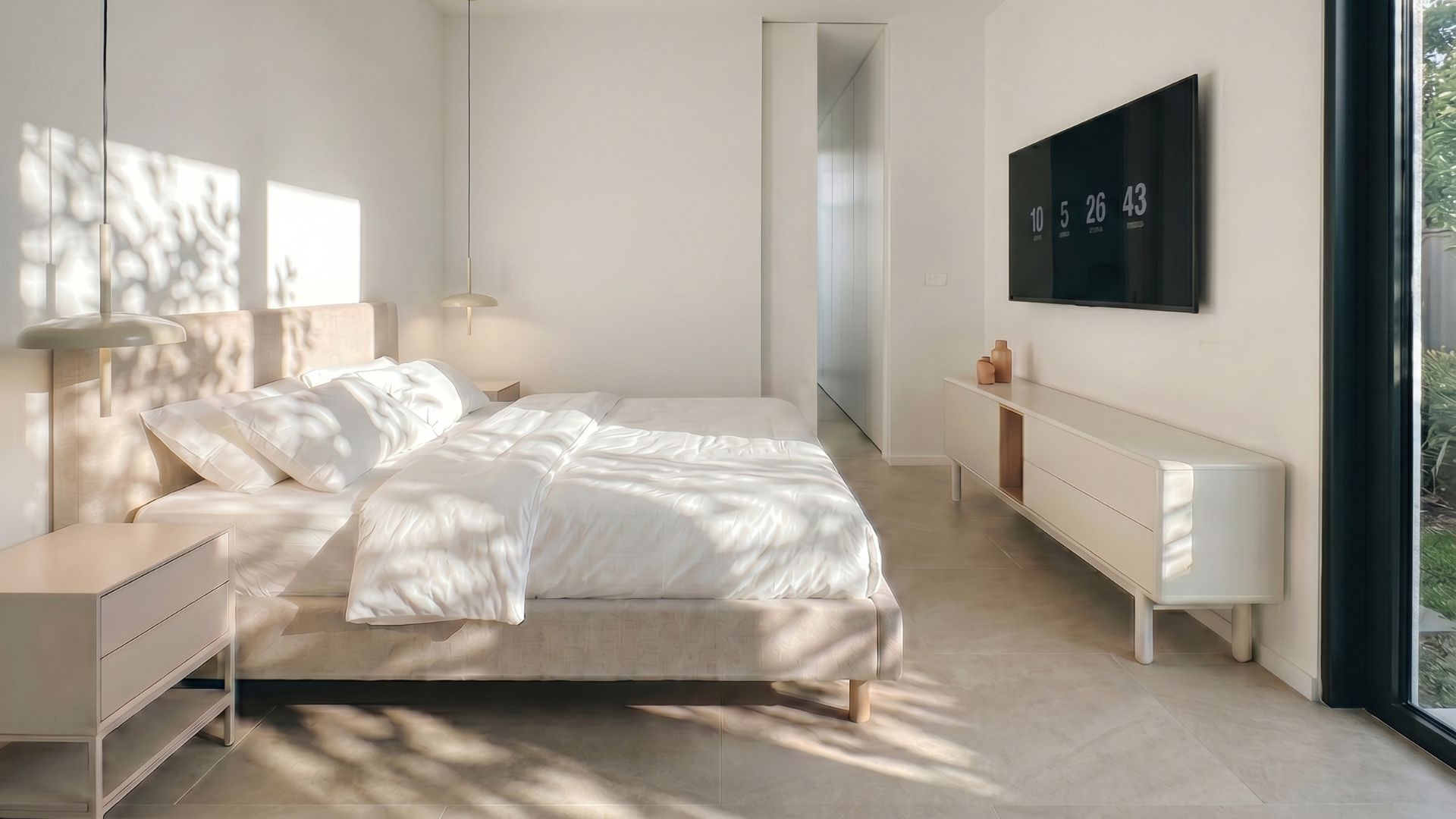 Render dormitorio en tonalidades claras en casa modular Málaga