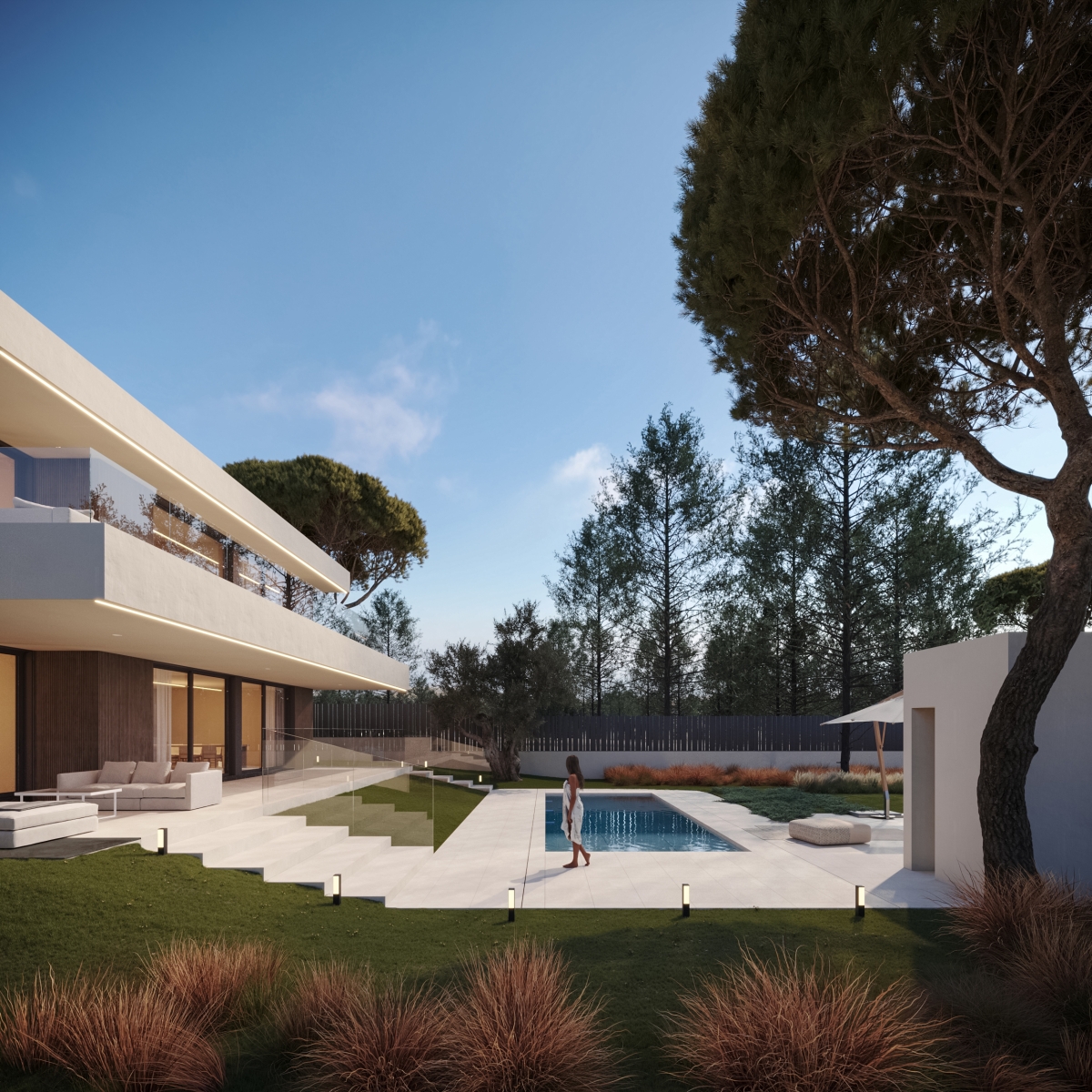 Fachada vista lateral casa moderna de lujo con piscina y con voladizos