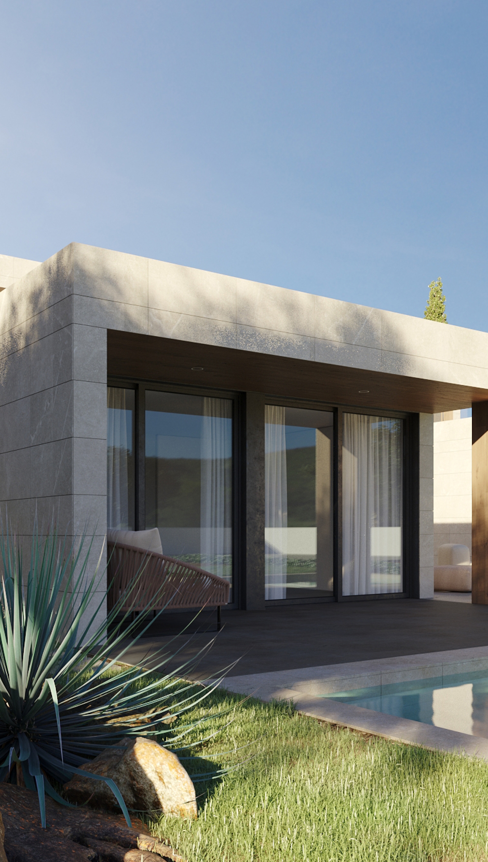 Casa modular de estilo moderno lujoso en Madrid con piscina y zona chill-out exterior