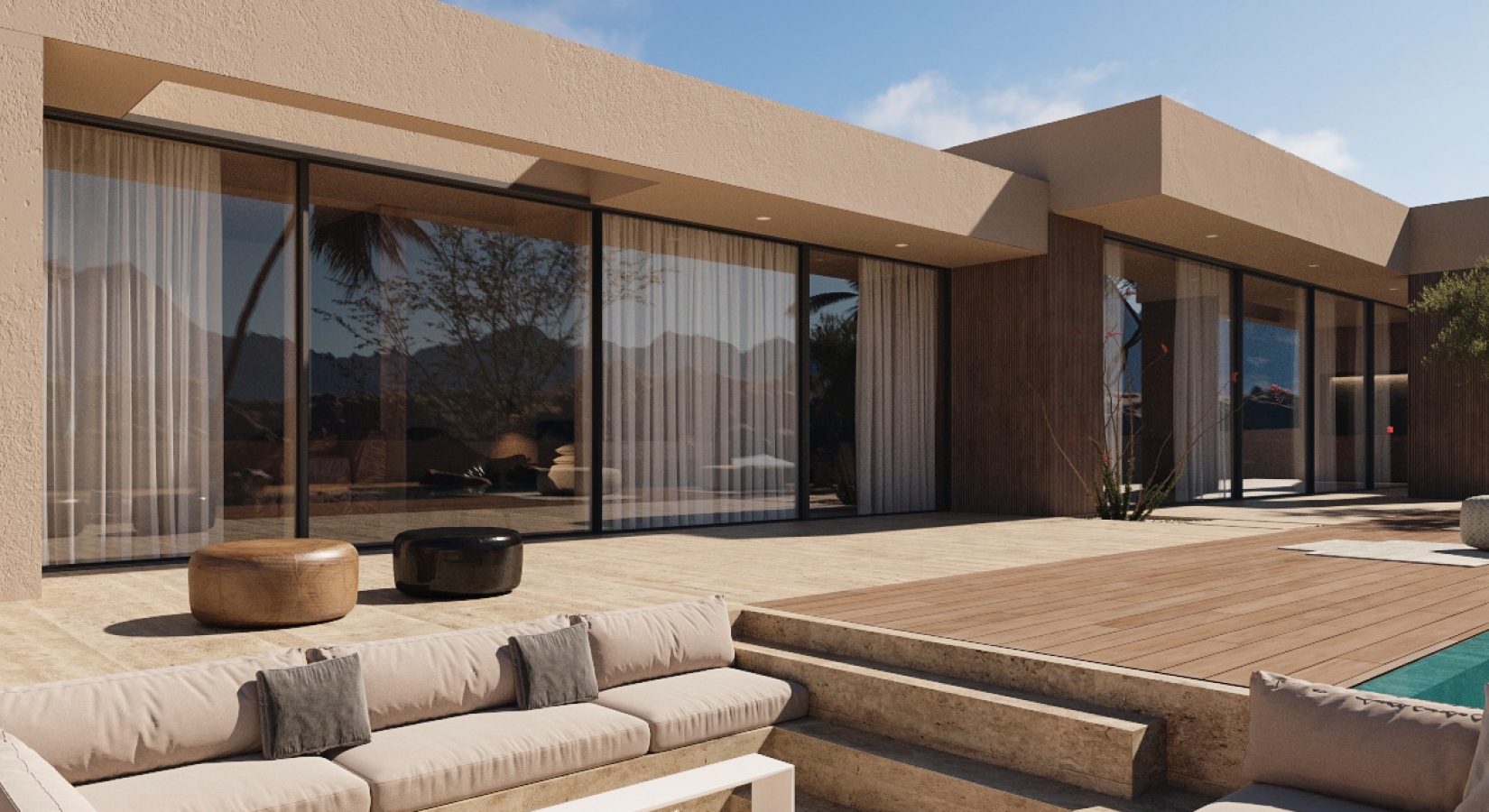 Casa modular de estilo mediterráneo diseñada en 3D por inHAUS. Fachada y zona chill out.