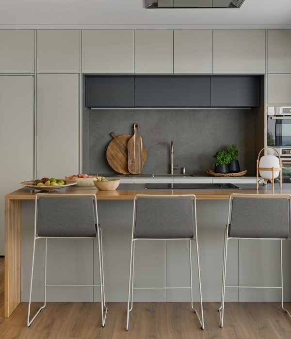 Cocina con isla abierta al exterior en casa modular